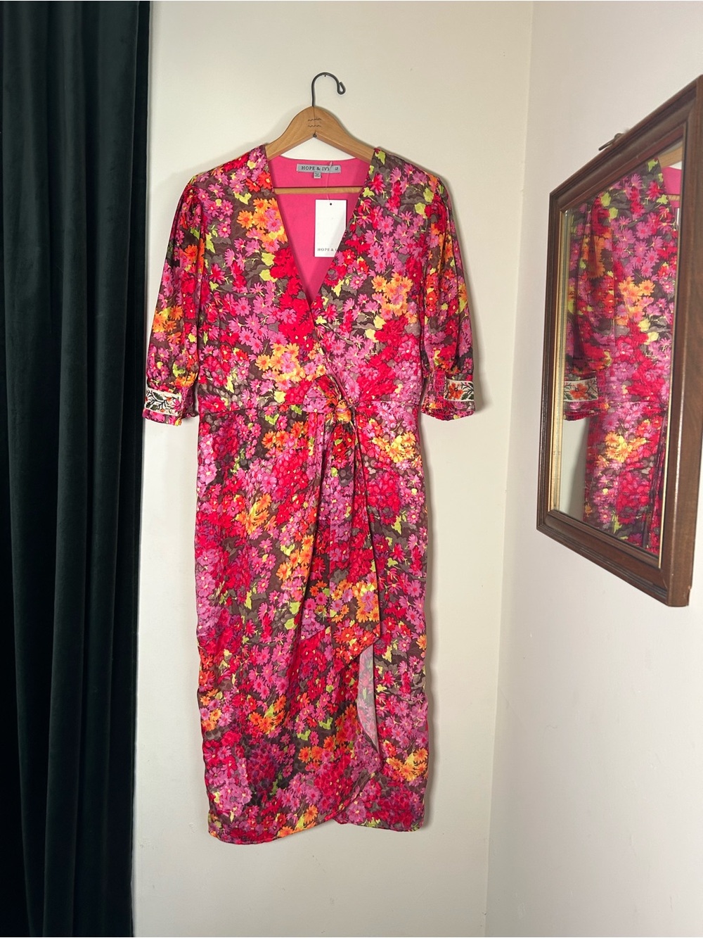 Hope & Ivy Bright Pink & Multicolor Floral Wrap Midi Dress